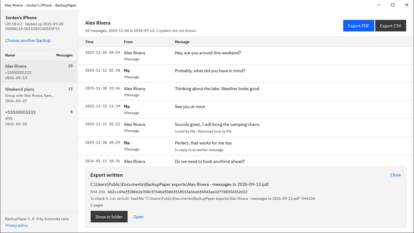 BackupPaper export panel showing the new file path, its SHA-256 and the certutil command to check it.