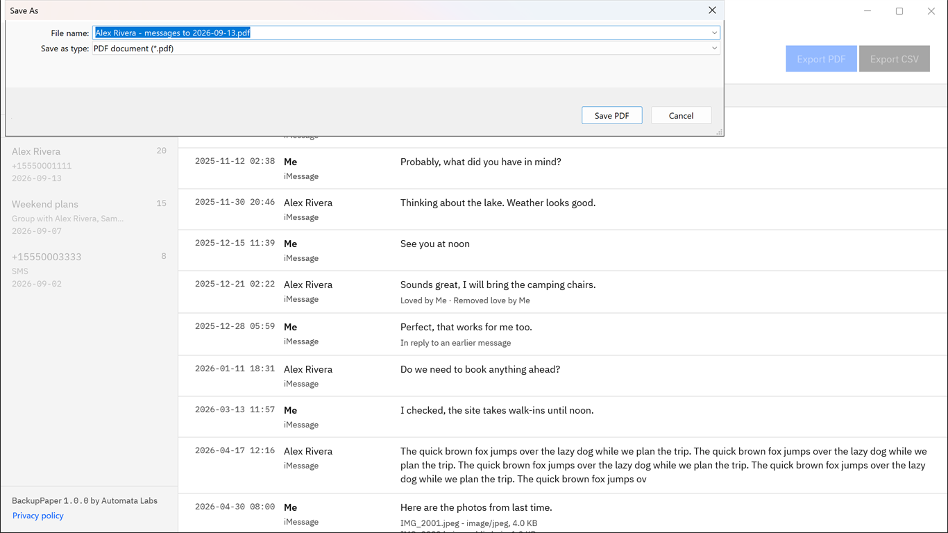 Windows Save dialog from BackupPaper naming the new PDF file