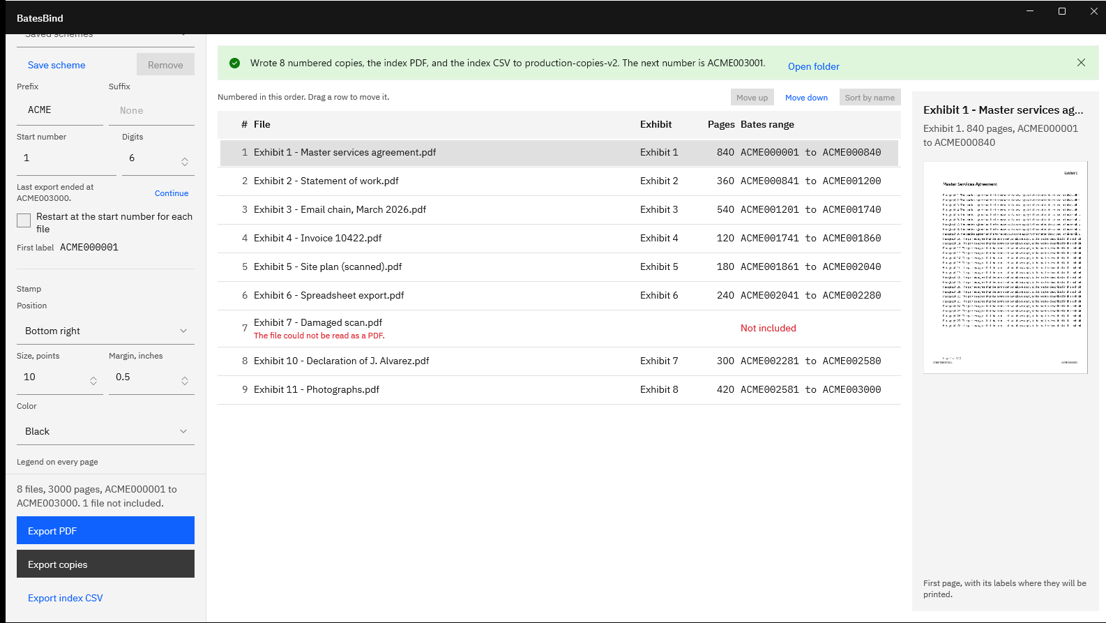 BatesBind success bar reading Wrote 8 numbered copies, the index PDF, and the index CSV, with the next number ACME003001 and an Open folder button.