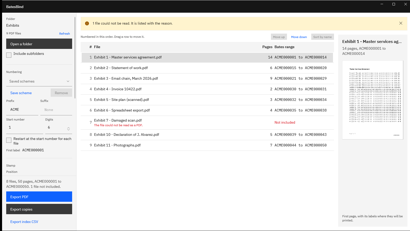 BatesBind listing nine PDFs from a folder named Exhibits in natural order, with page counts and Bates ranges from ACME000001 to ACME000050, and a damaged scan marked Not included with its reason.