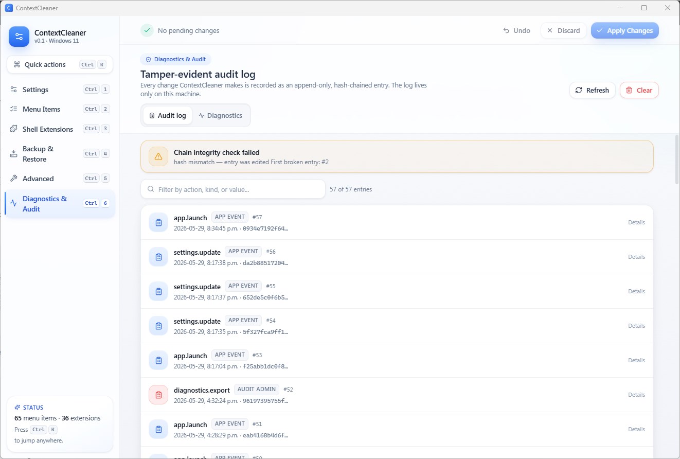 ContextCleaner backup and restore controls with one-click snapshot restore and undo history.