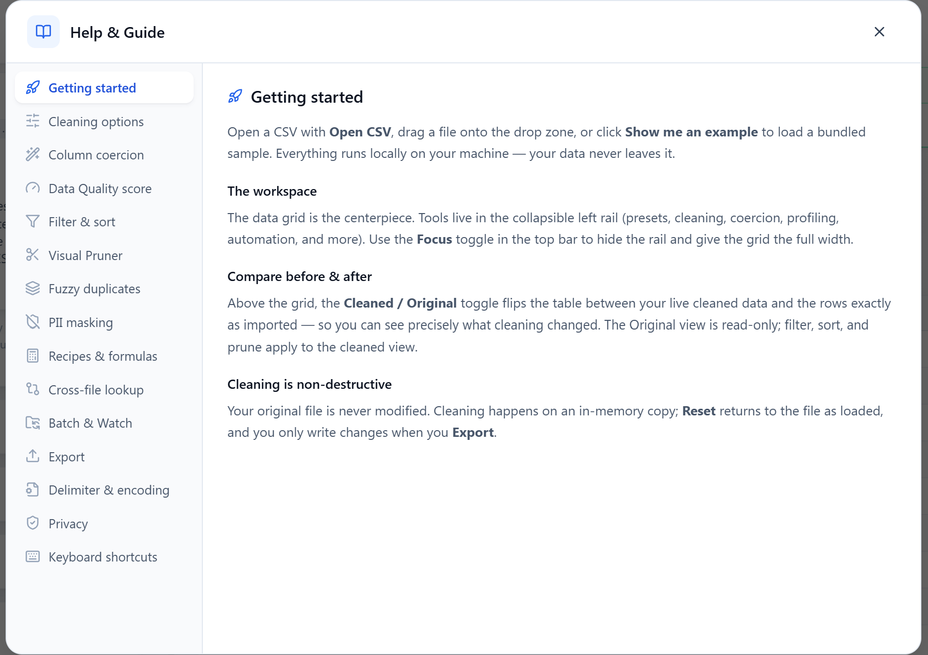 CSVPrune in-app help screen listing keyboard shortcuts for open, export, reset, and clear.