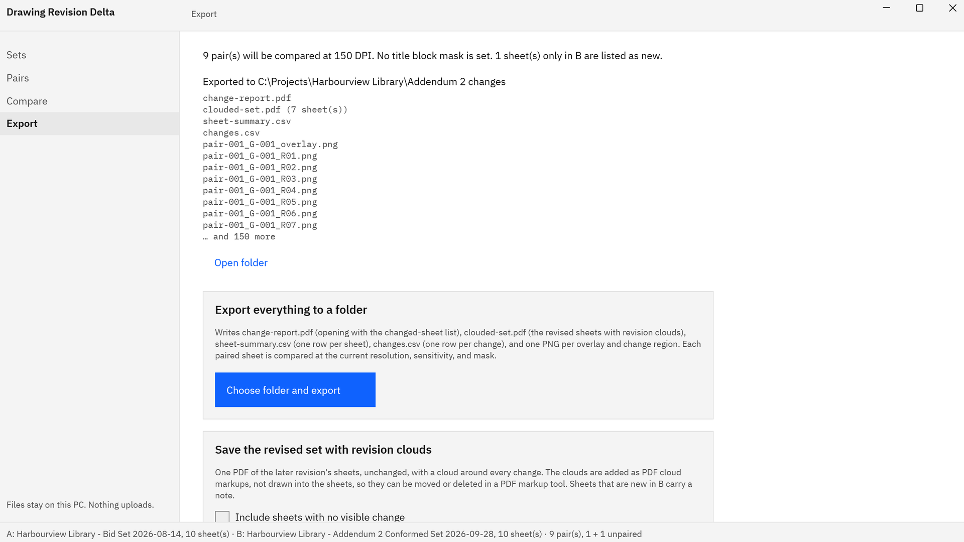 Drawing Revision Delta Export view after exporting to a project folder: change-report.pdf, clouded-set.pdf with 7 sheets, sheet-summary.csv, changes.csv, and PNG snapshots, with an Open folder link.