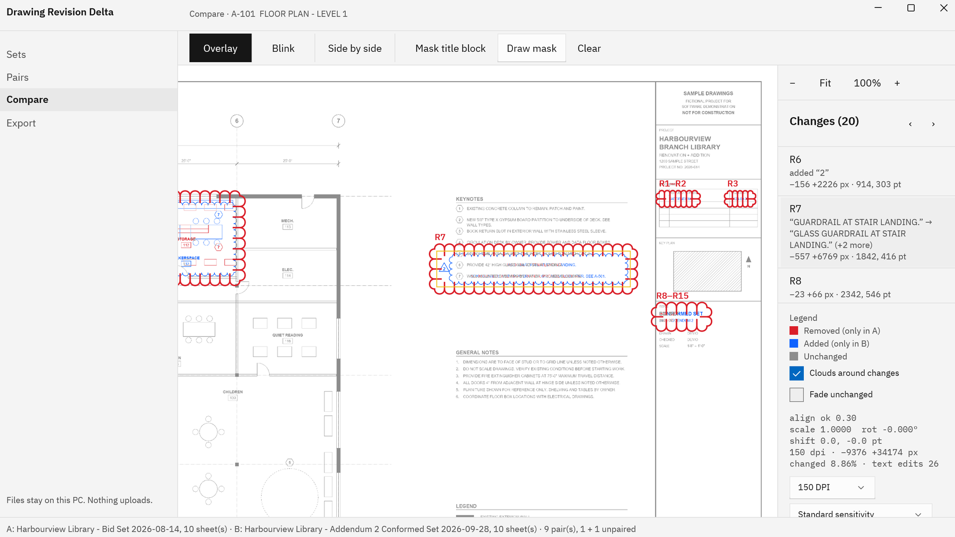 Drawing Revision Delta clouding an edited keynote and the title block changes on sheet A-101, with the change list showing the keynote text before and after the edit.