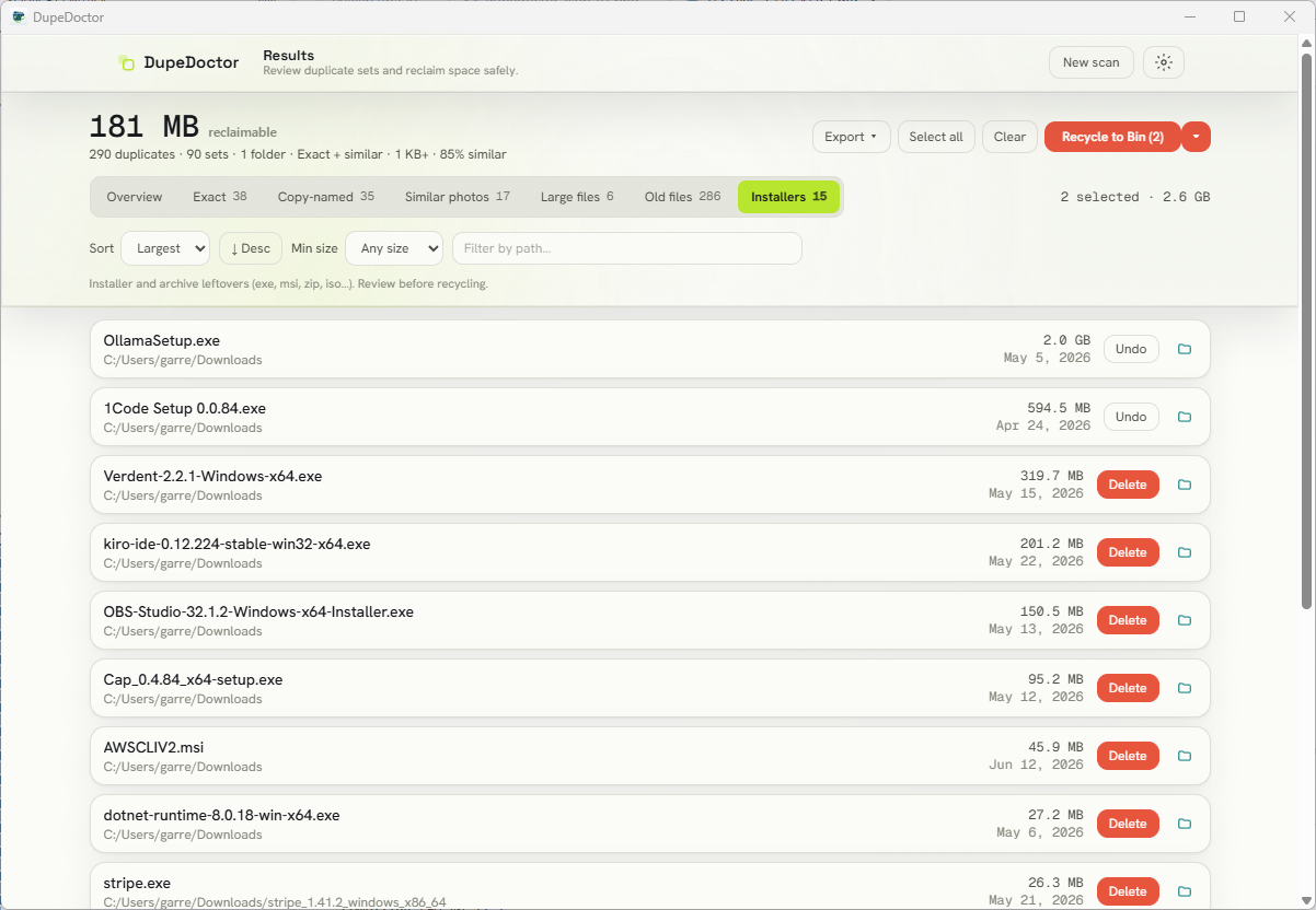 DupeDoctor installer and archive clutter view listing leftover setup files to reclaim.