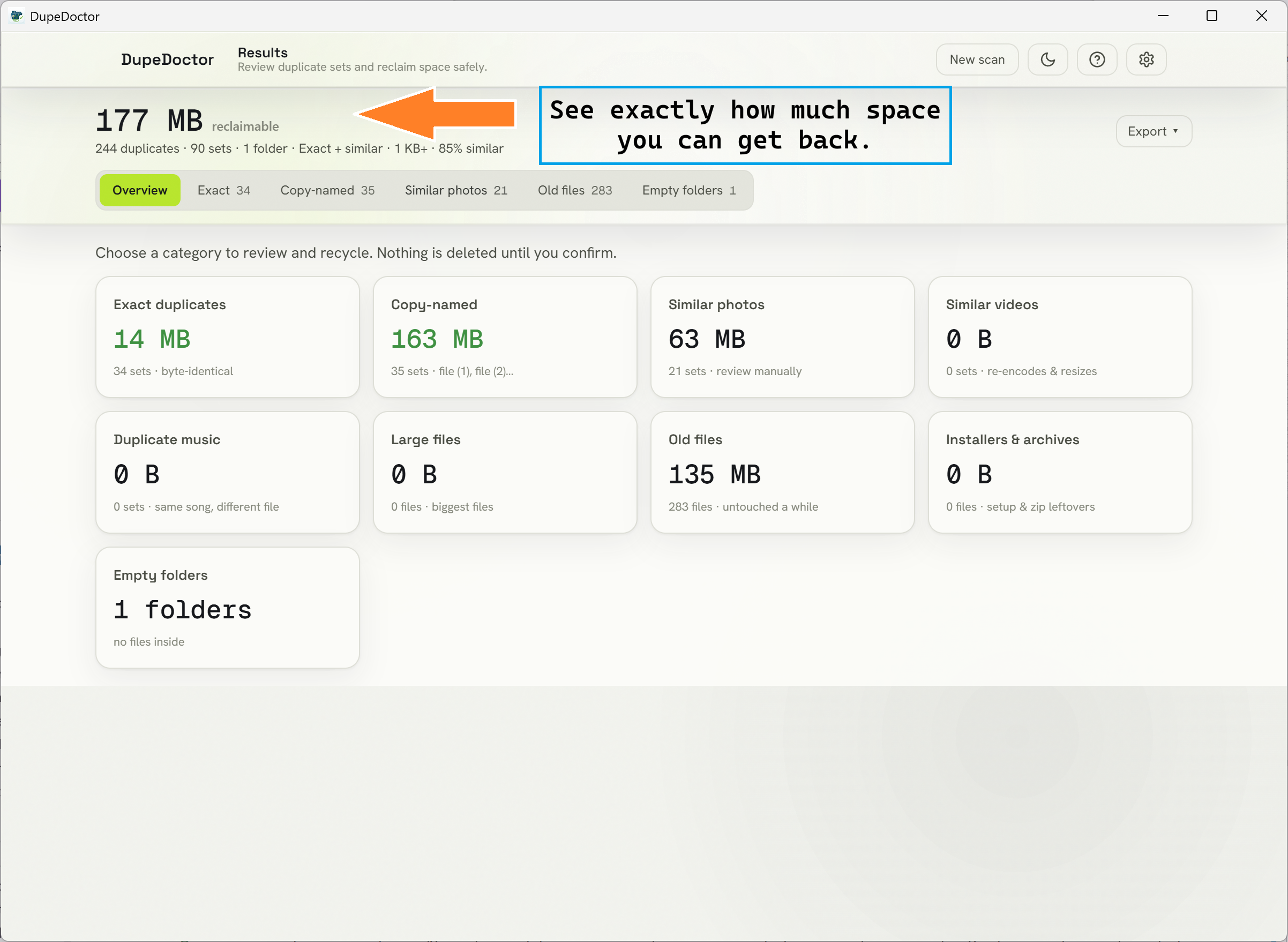 DupeDoctor results screen showing thousands of duplicates grouped into sets with a large total reclaimable disk-space figure.