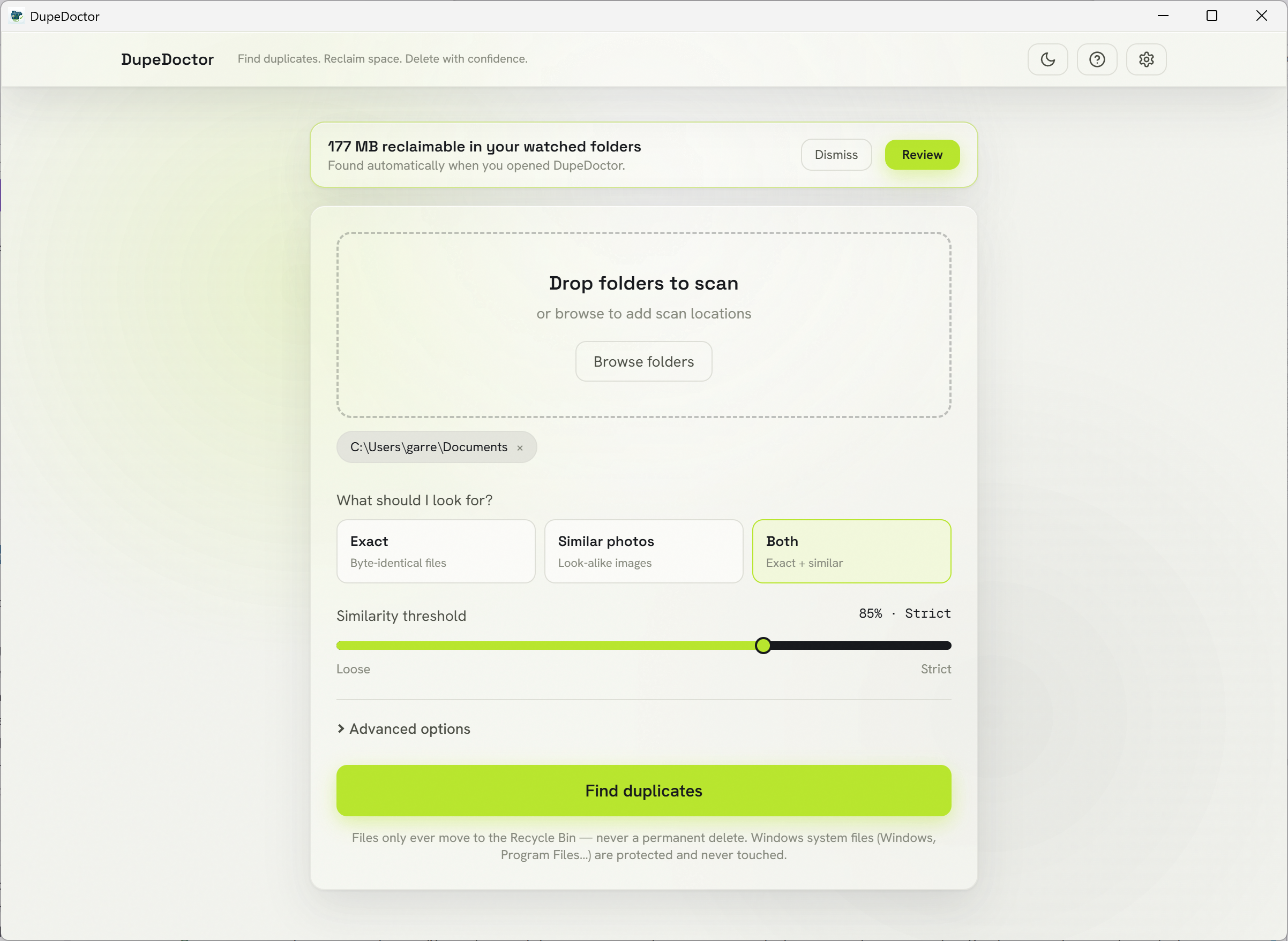 DupeDoctor watched-folder results shown on launch, summarizing reclaimable space without hijacking the UI.