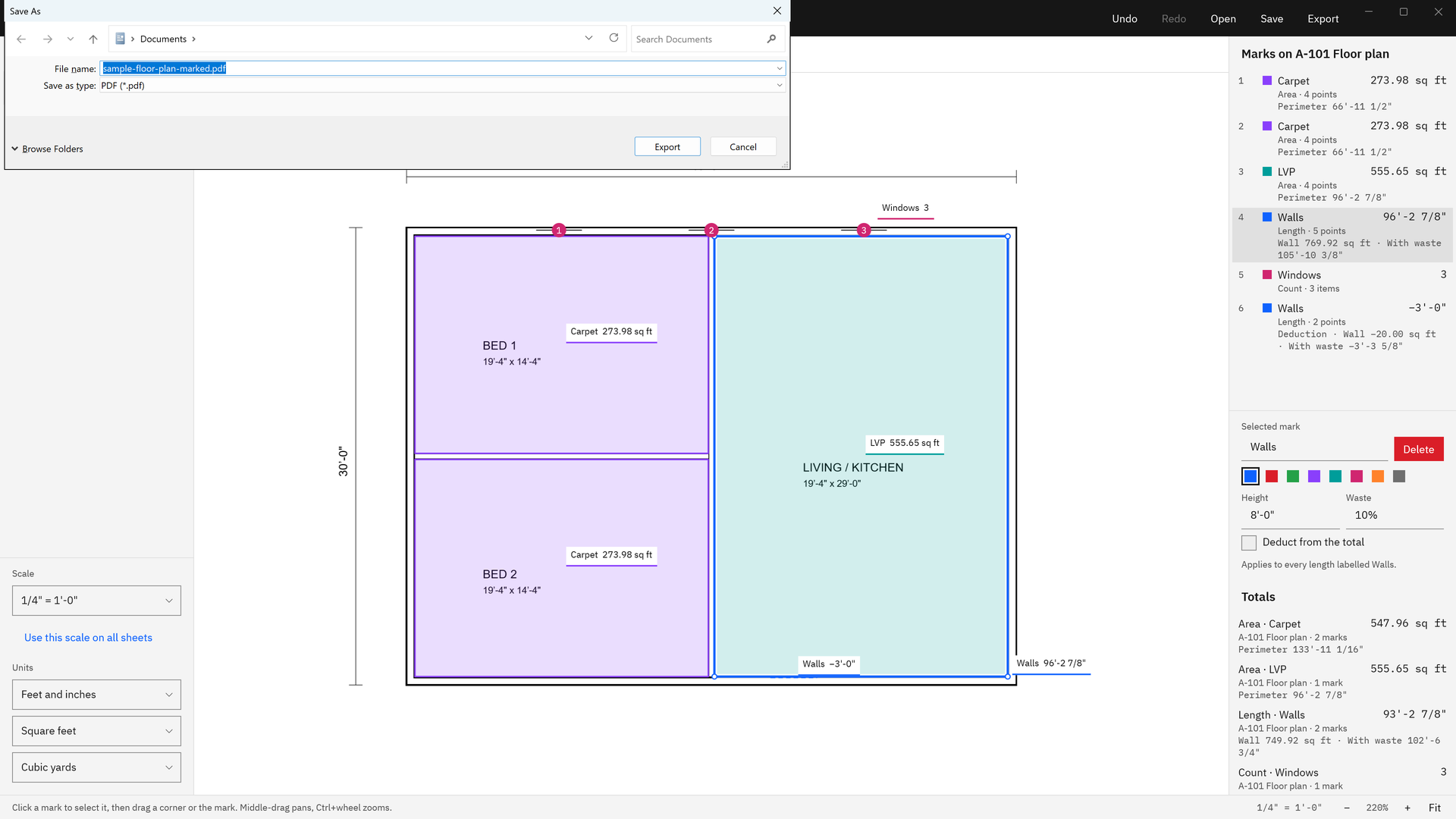 The Windows Save As dialog over MeasureSet, saving sample-floor-plan-marked.pdf as a PDF after choosing Export.