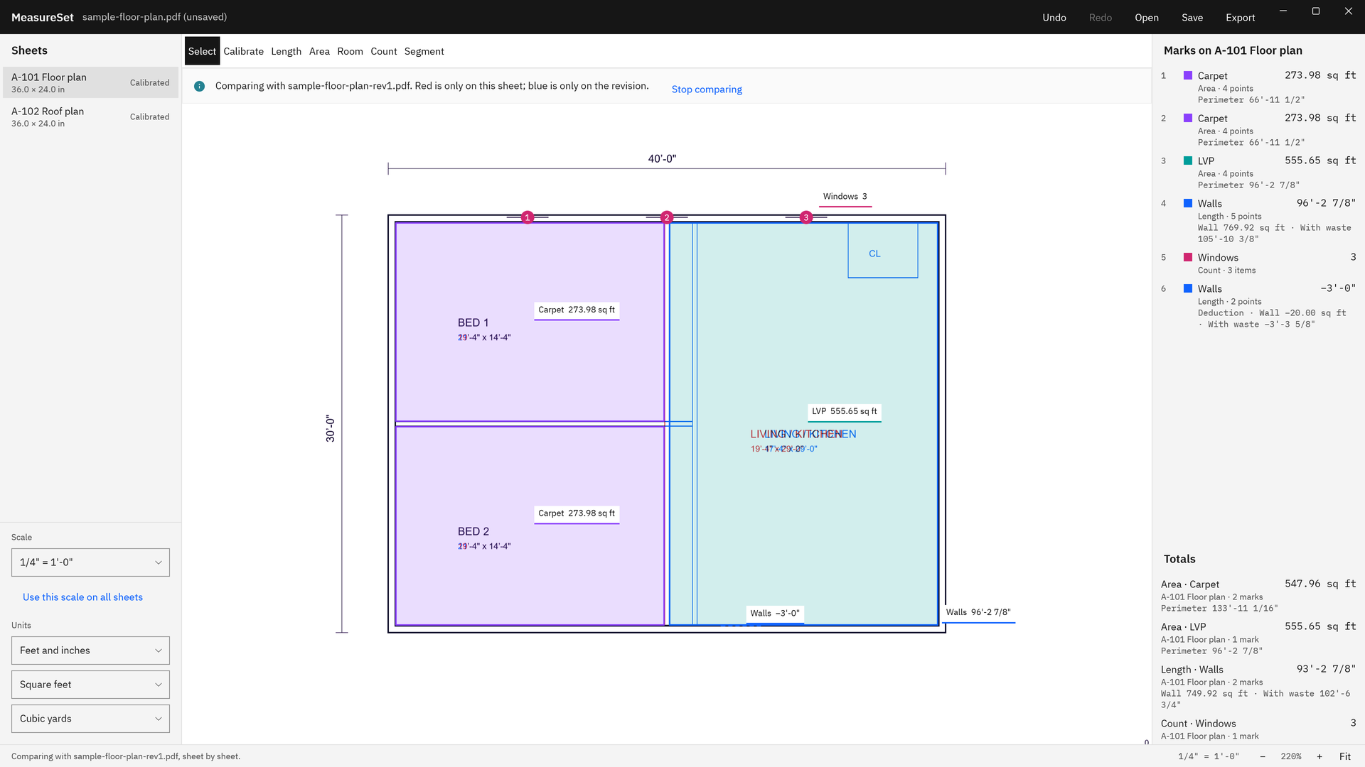MeasureSet comparing a floor plan with its revision: a moved partition and a new closet show in red and blue under the marks, with a Stop comparing button.