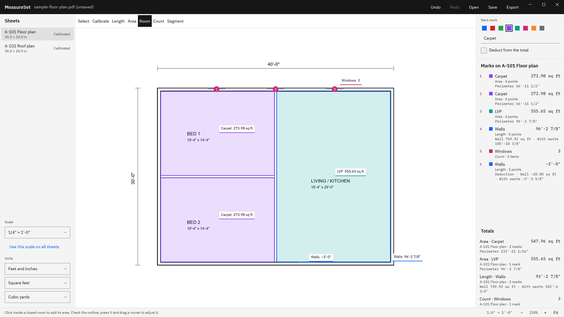 MeasureSet with a sample floor plan PDF at 1/4 inch scale: two bedrooms filled as Carpet and the living area as LVP by the room tool, a wall run, a window count, and the Marks and Totals lists.