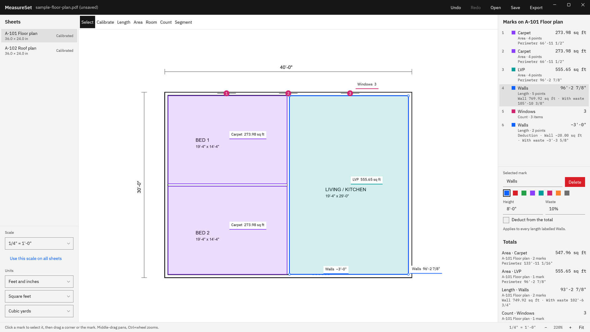 A wall run labeled Walls selected in MeasureSet, with a height of 8 feet and 10 percent waste in the inspector and its wall area shown in the Marks list.