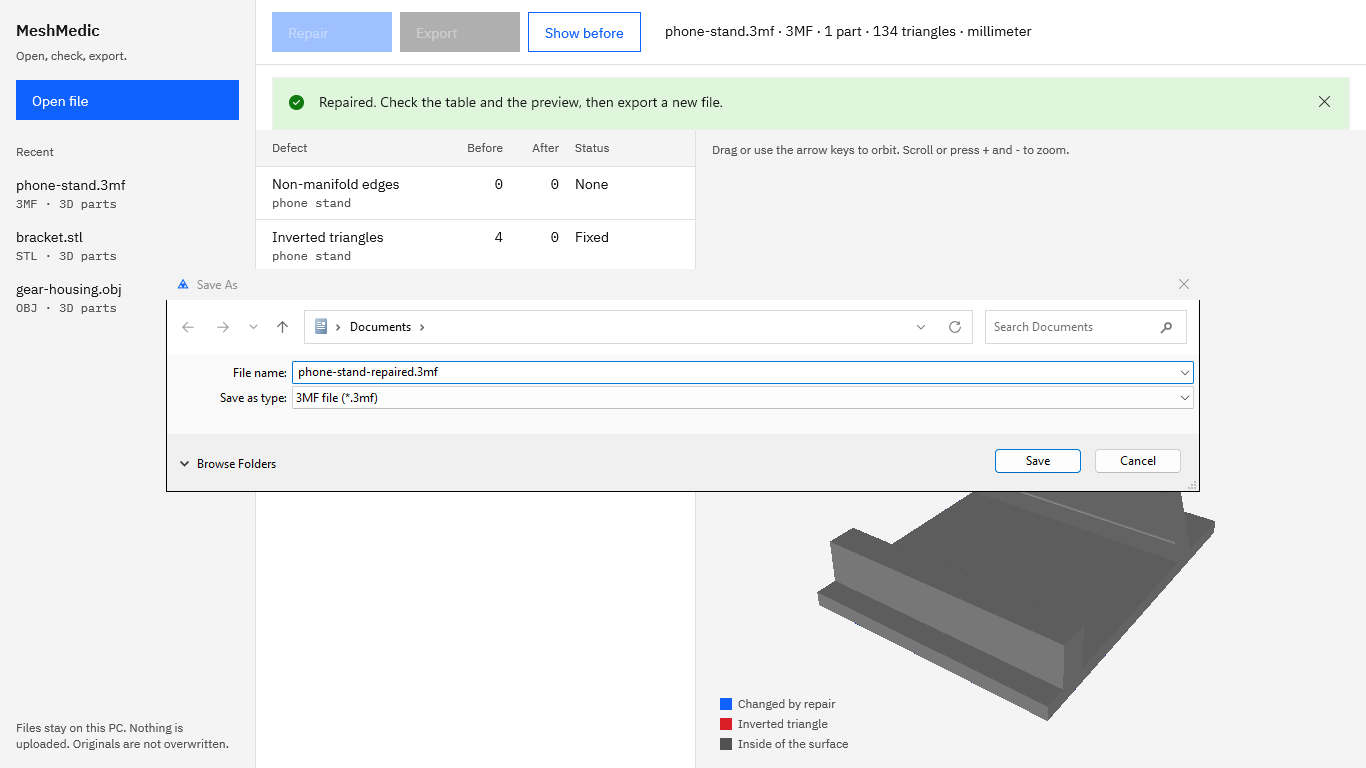 The Windows Save As dialog over MeshMedic with the suggested name phone-stand-repaired.3mf and the type 3MF file.