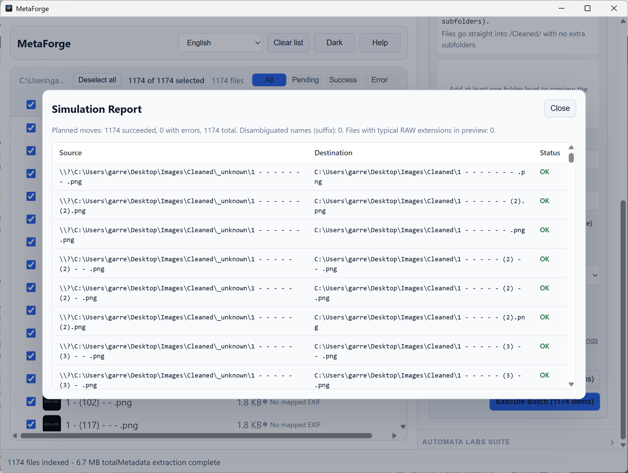 MetaForge Simulation Report listing planned source and destination paths with status before execution.