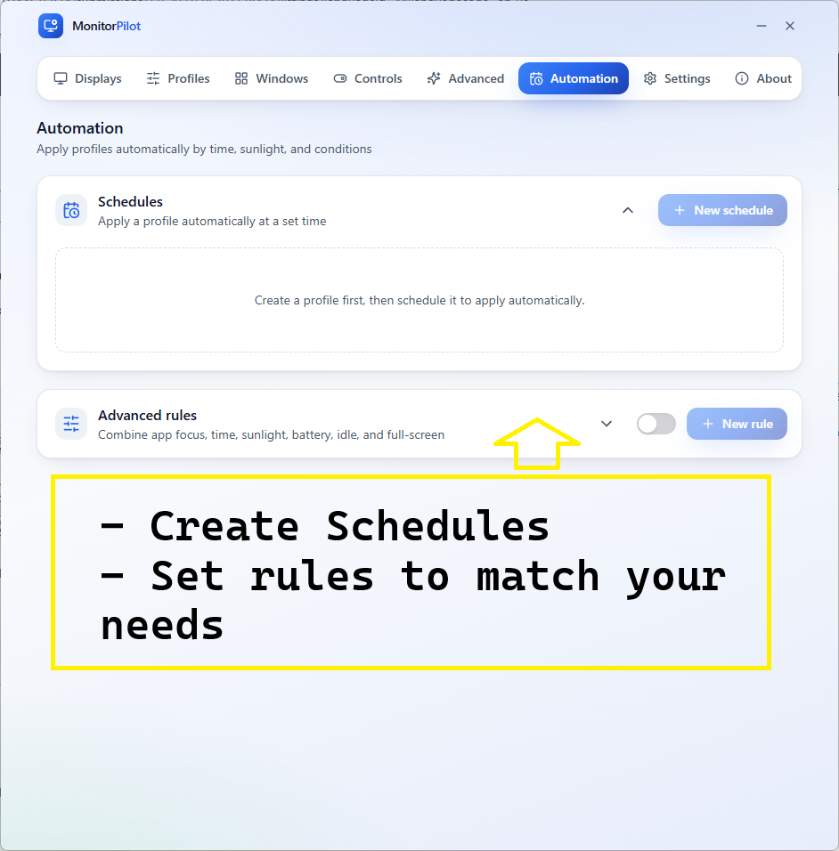 MonitorPilot automation rule builder combining app, time, and other conditions with AND/OR/NOT logic.