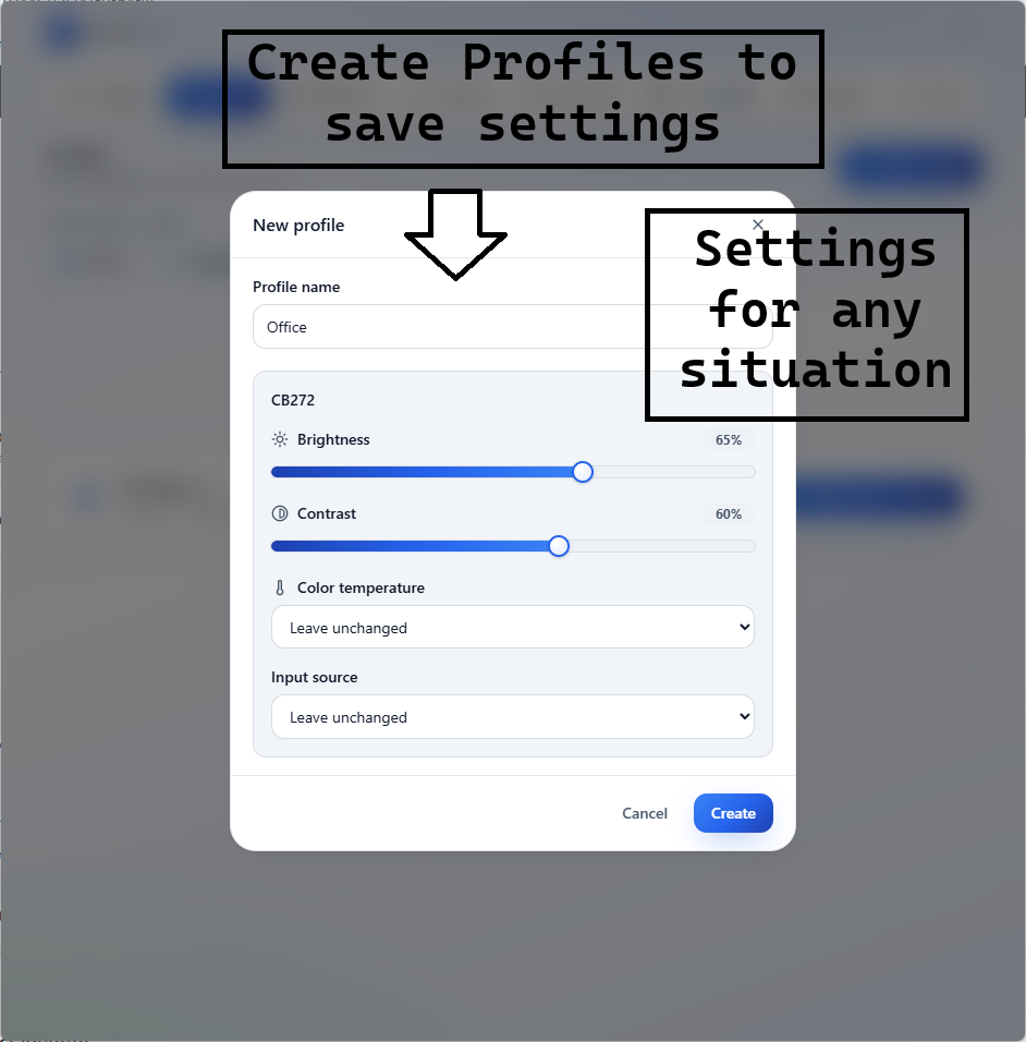MonitorPilot profile creation dialog capturing the state of every connected display.