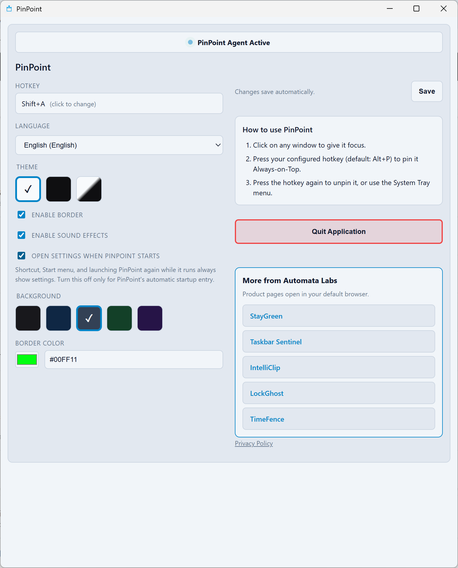 PinPoint main screen: always-on-top reference window on Windows