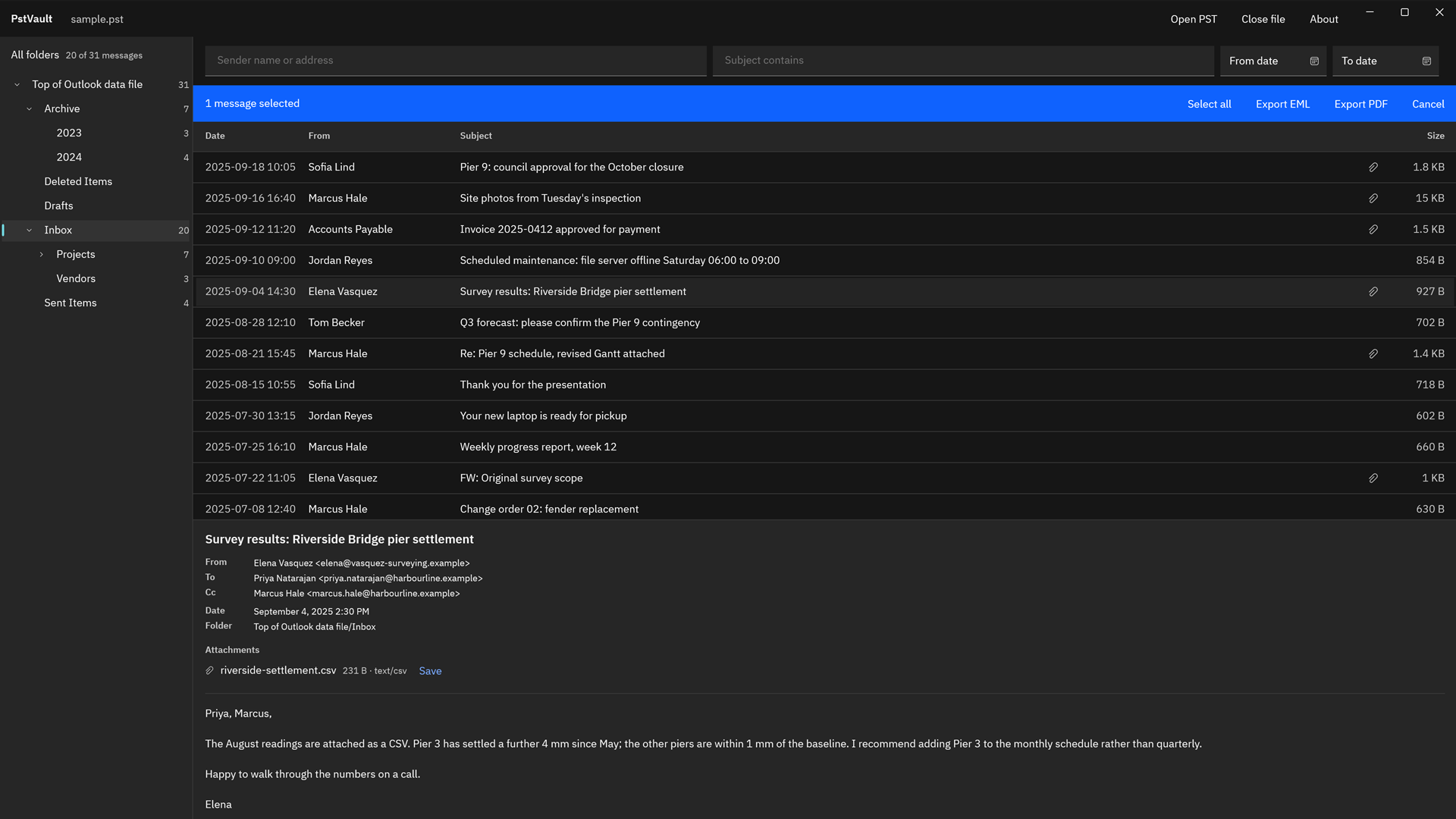 PstVault in the dark theme with the Inbox listed and a survey results message previewed, showing its To and Cc lines and a CSV attachment.