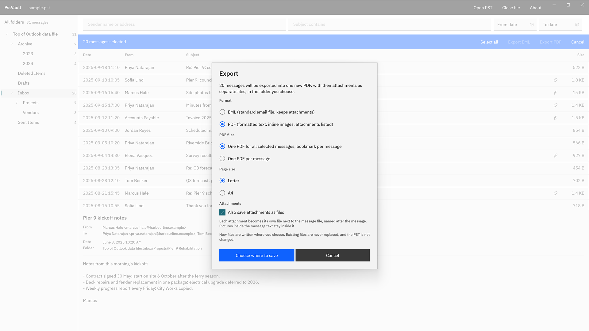 The PstVault Export dialog for 20 selected messages, with PDF chosen, one PDF for all selected messages with a bookmark per message, Letter page size, and attachments saved as files.