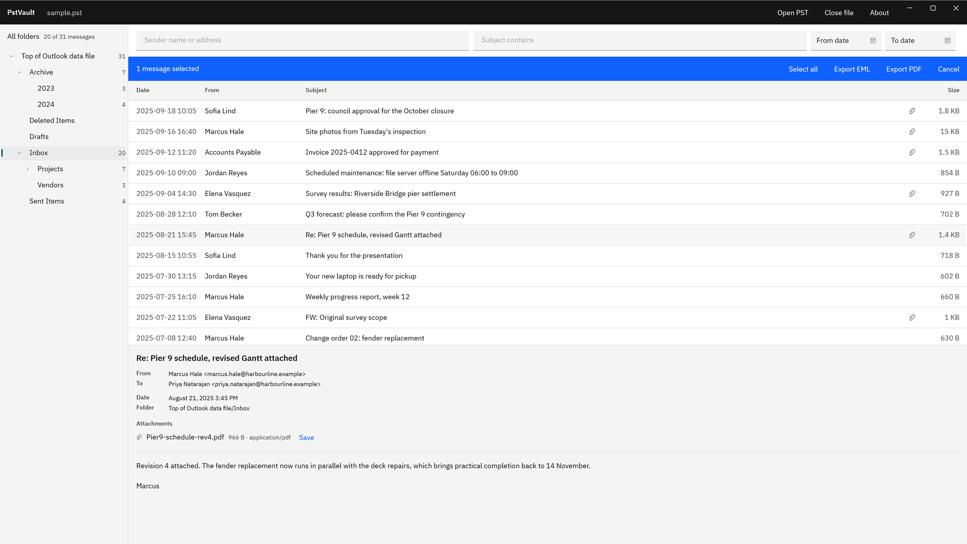 PstVault with a sample PST open: the folder tree with message counts, the Inbox listing 20 of 31 messages by date, sender, and subject, and a preview of one message with its sender, recipient, folder, and a PDF attachment with a Save link.