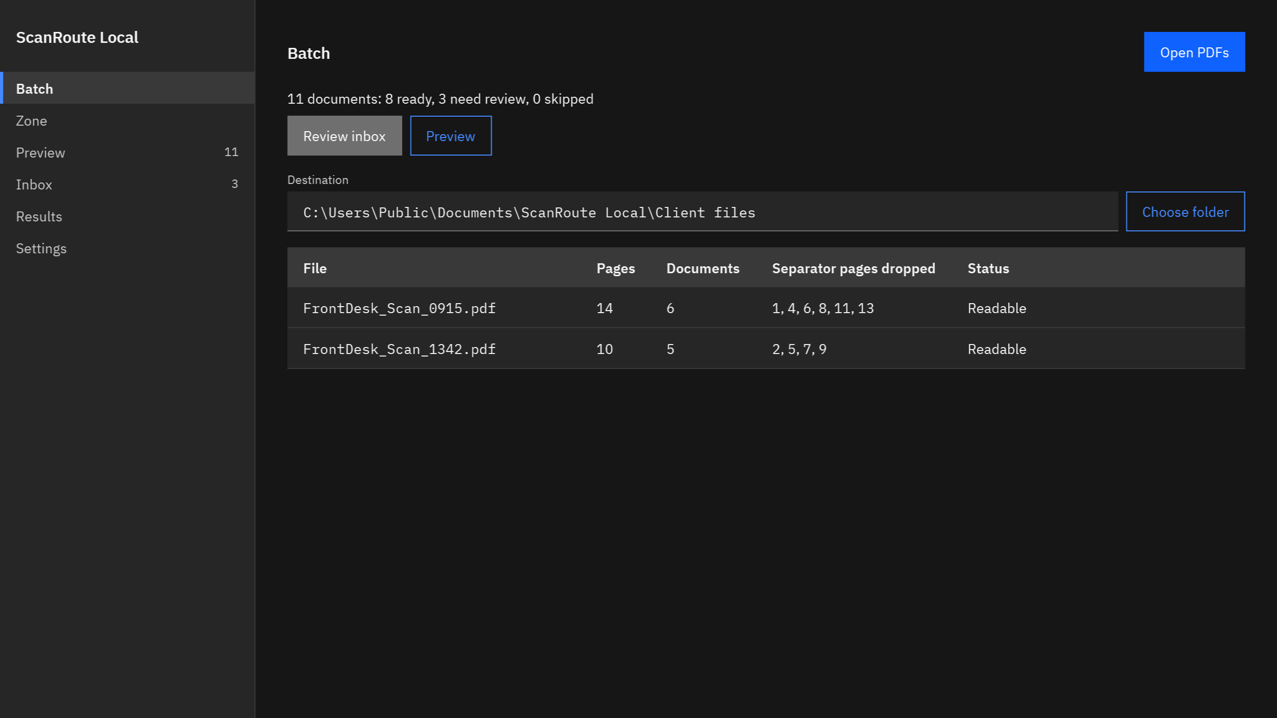 ScanRoute Local Batch page in the dark theme listing two copier scans split into eleven documents at separator sheets and blank pages.