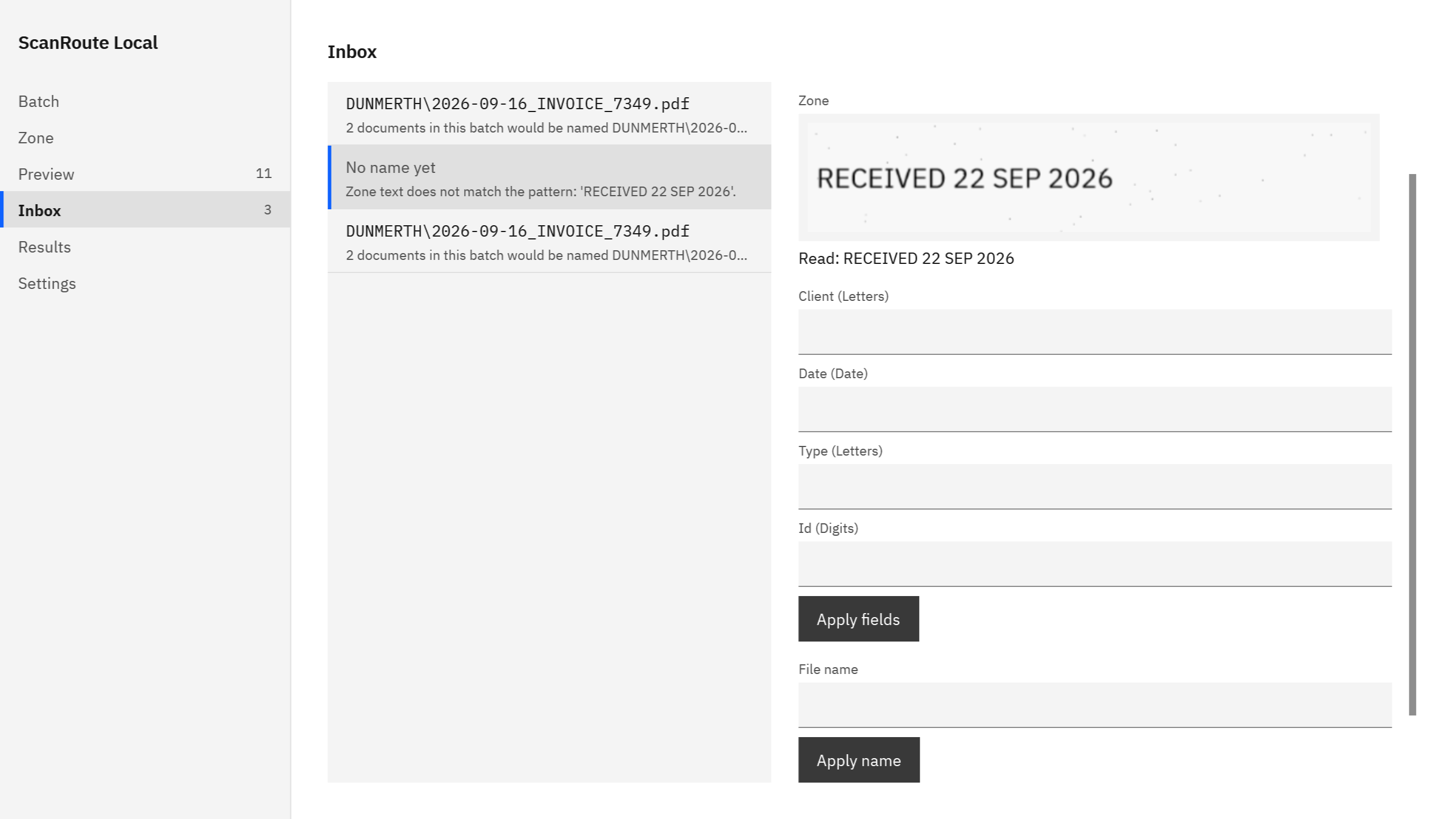 ScanRoute Local Inbox showing a document with no name yet, its zone crop, the text read from it, and field editors with Apply fields.