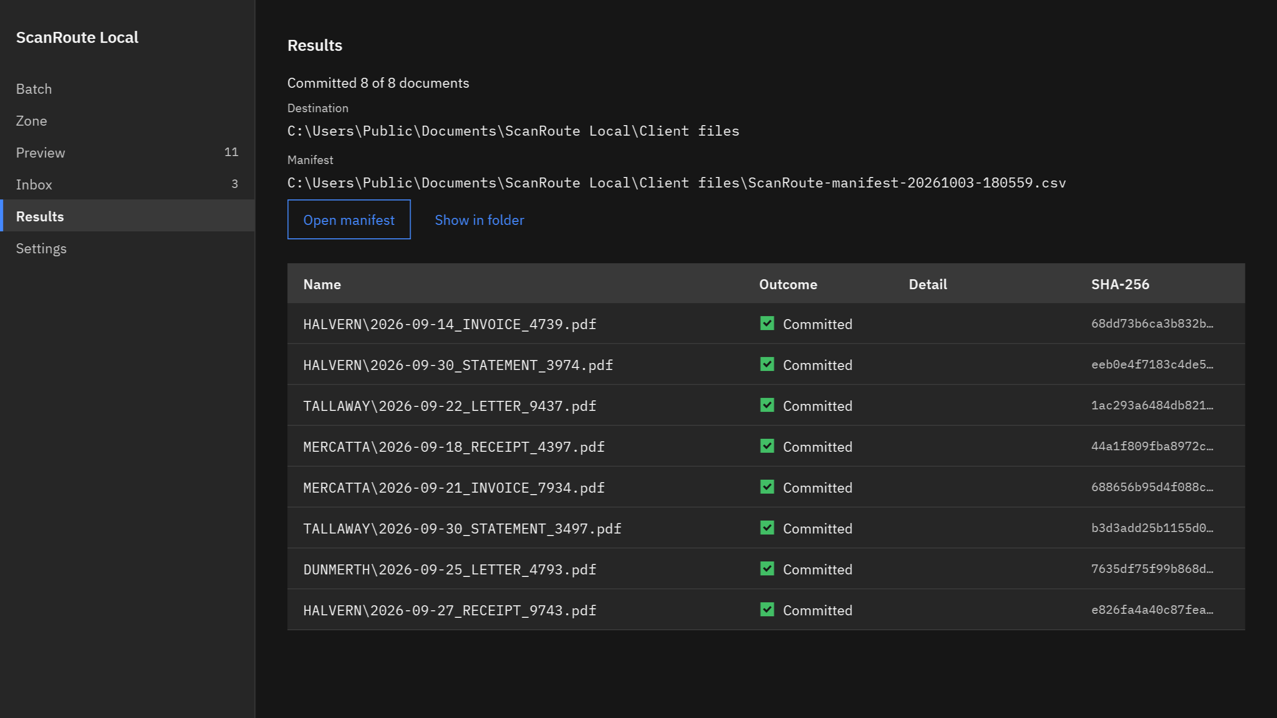 ScanRoute Local Results page in the dark theme showing eight committed PDFs in client folders, the CSV manifest, and a SHA-256 for each file.