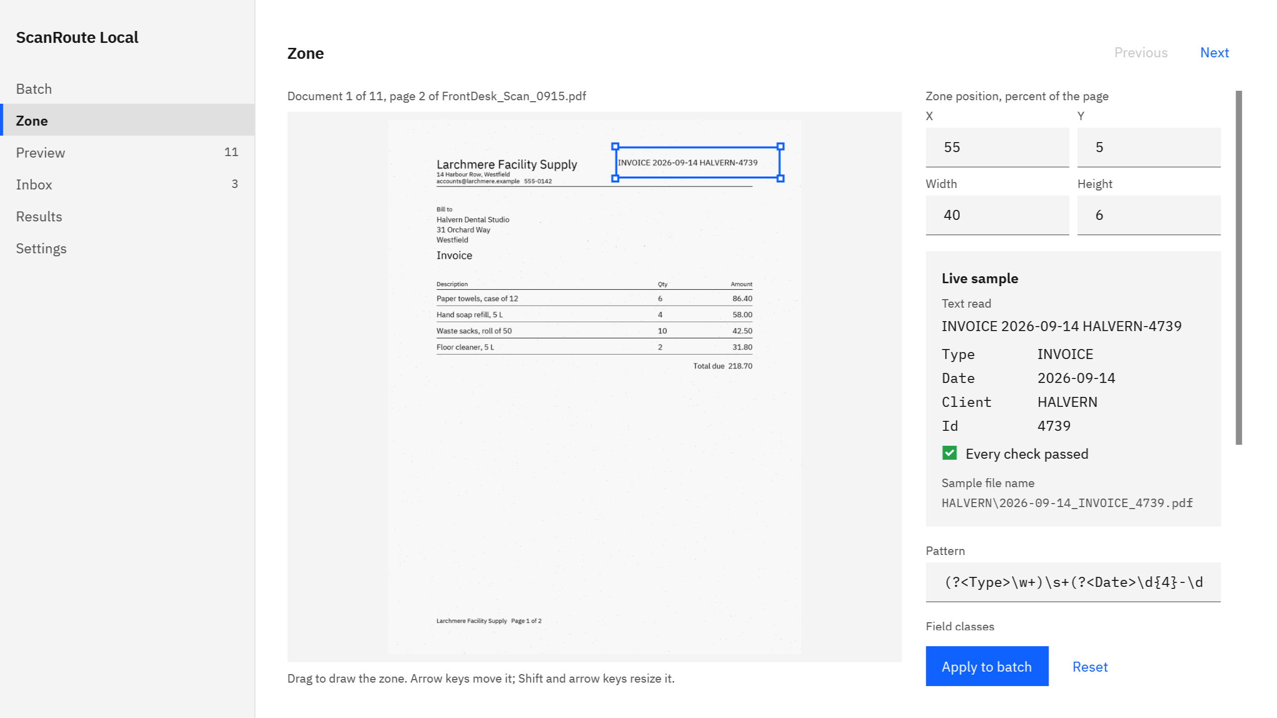 ScanRoute Local Zone page with one zone drawn over the line INVOICE 2026-09-14 HALVERN-4739, four fields read from it, and the sample file name.