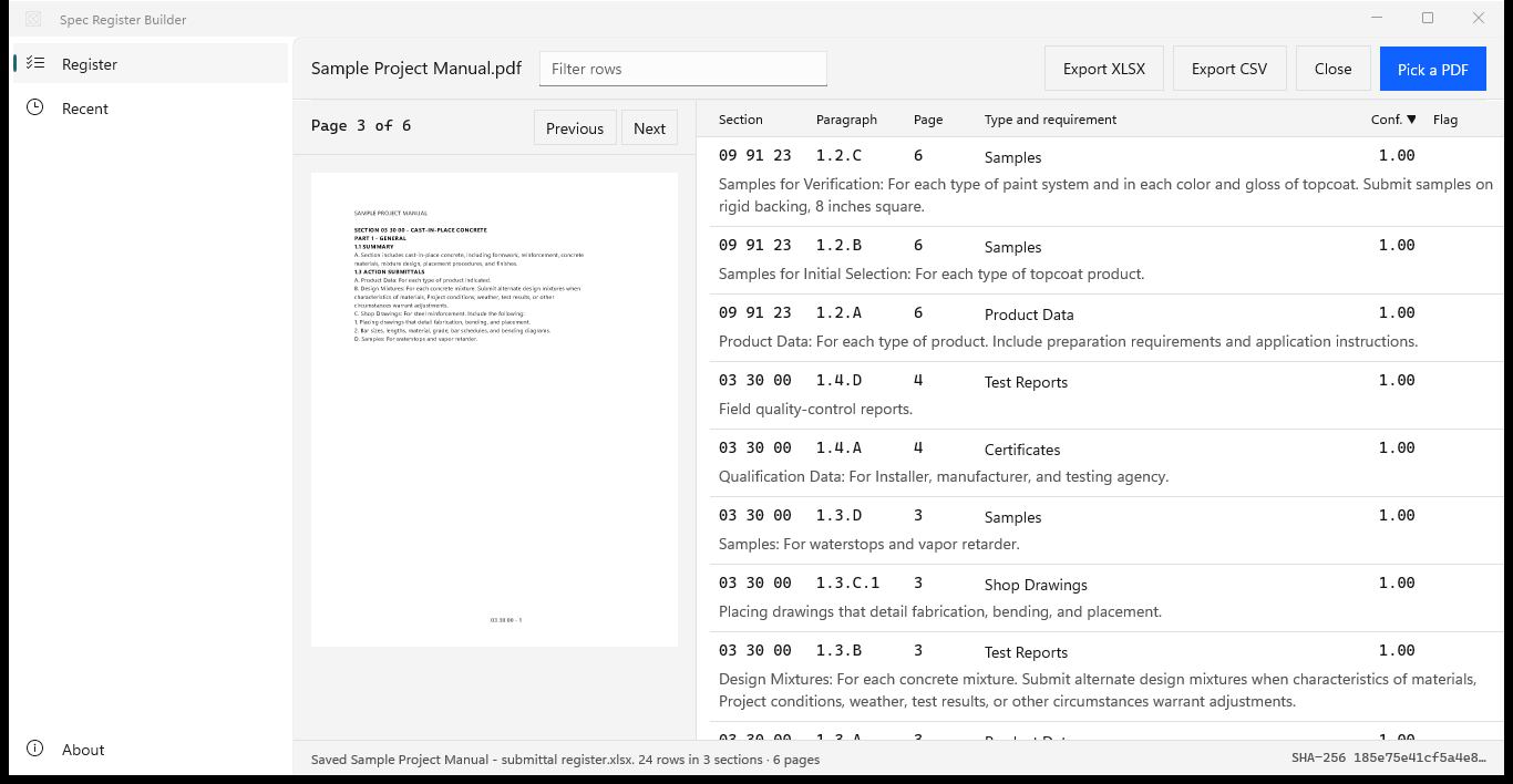 Spec Register Builder status line reading Saved Sample Project Manual - submittal register.xlsx, 24 rows in 3 sections, 6 pages, with the source file SHA-256 at the right of the status bar.