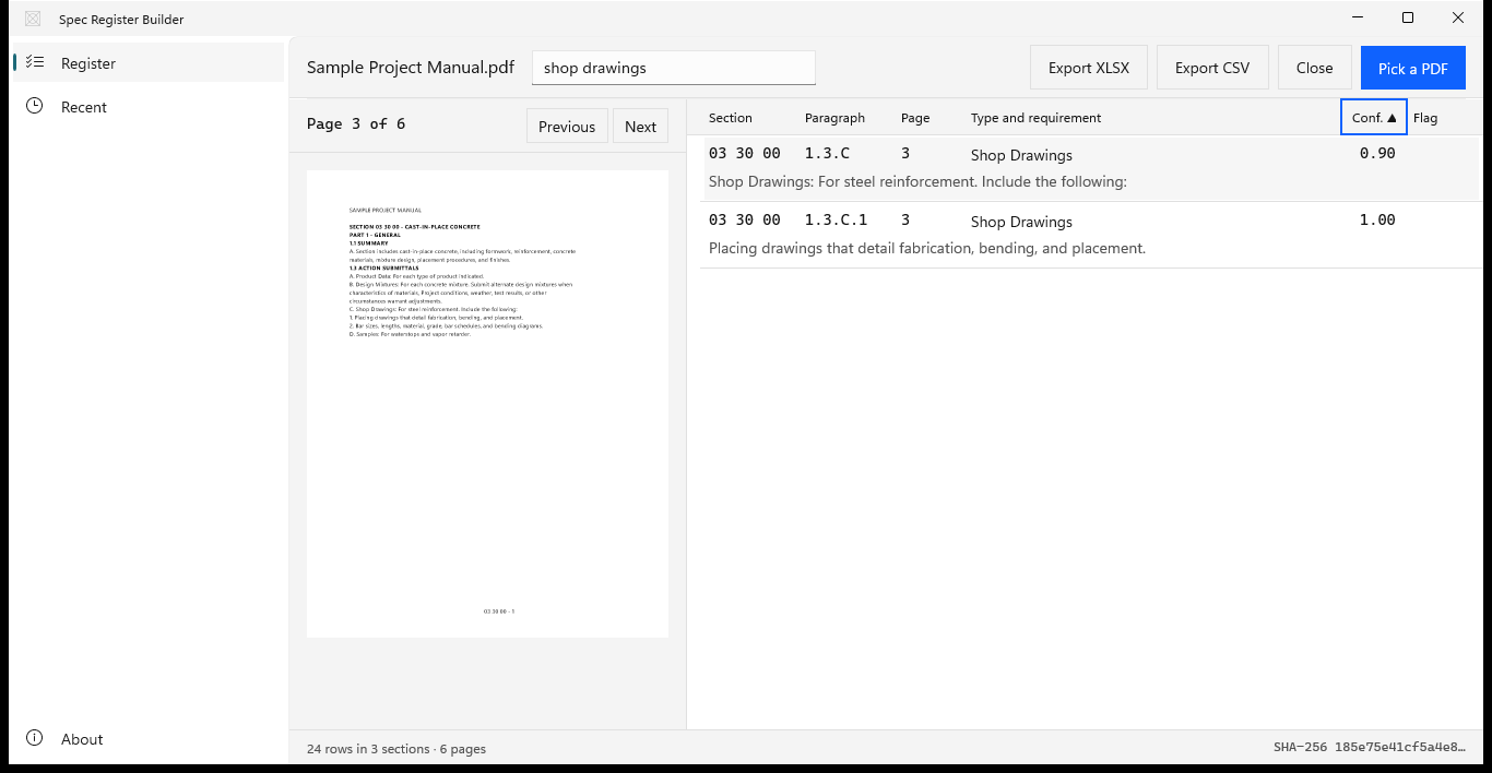 Spec Register Builder with the filter set to shop drawings, the table sorted by confidence ascending, and two Shop Drawings rows from section 03 30 00 on page 3.