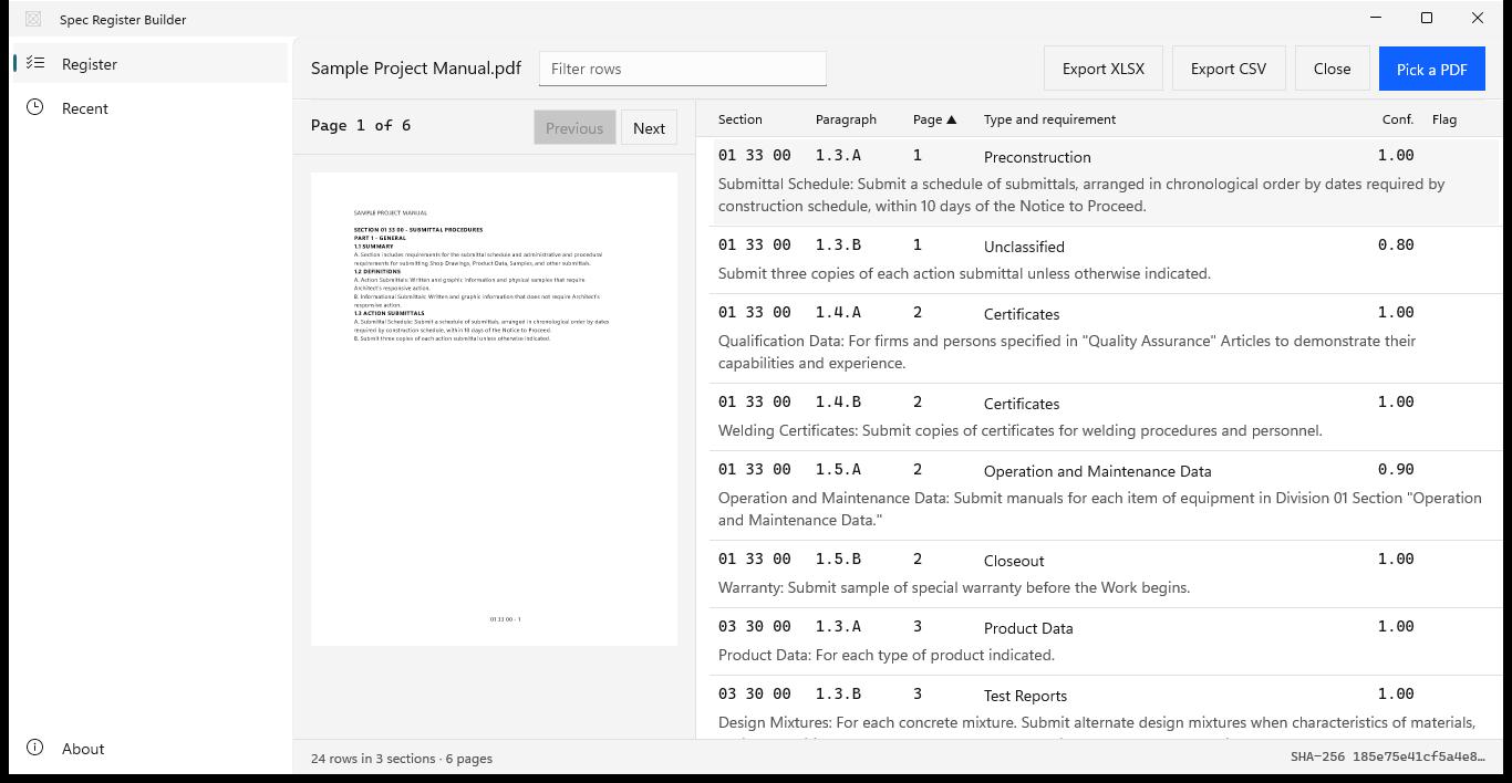 Spec Register Builder with a sample project manual open: page 1 rendered on the left and the register on the right, listing rows from section 01 33 00 with paragraph, page, submittal type, and confidence.