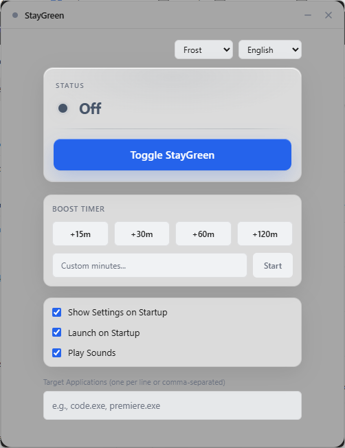 StayGreen interface in Frost theme (English) showing Premium Boost Timer and per-app targeting controls