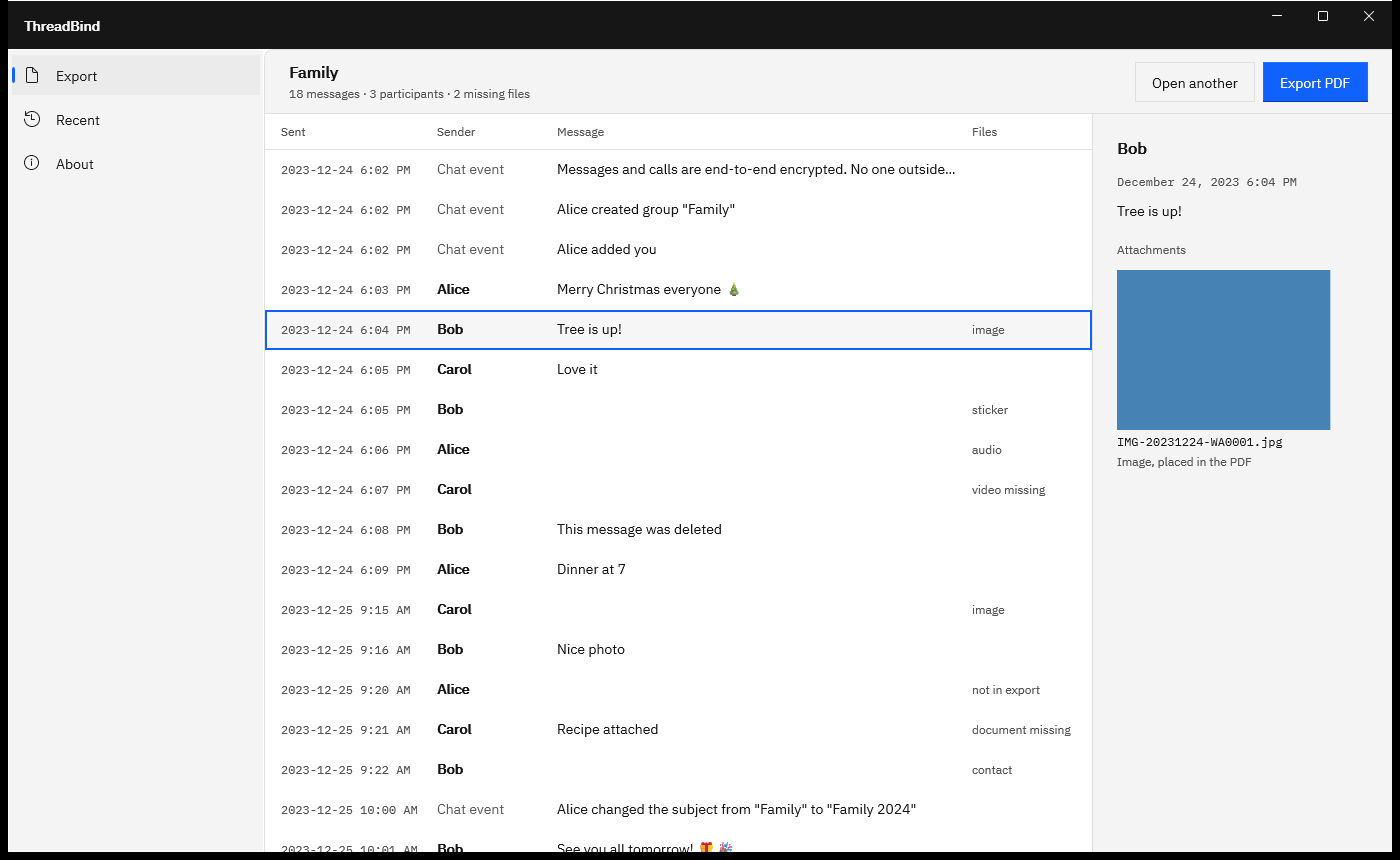 ThreadBind with one message selected and the detail pane showing the sender, the full date and time, the message text, and a picture thumbnail marked Image, placed in the PDF.