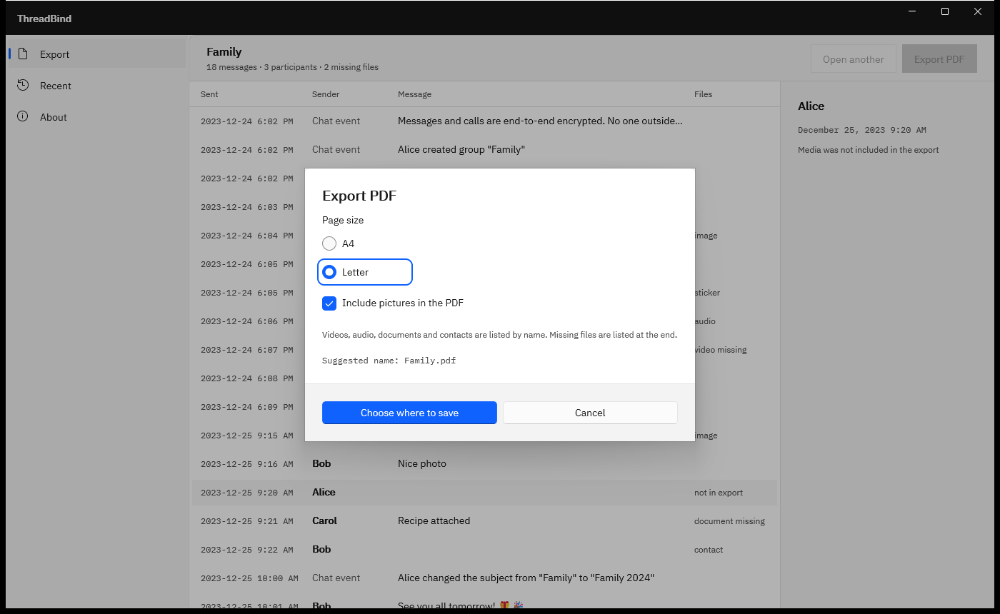 ThreadBind Export PDF dialog with Page size A4 or Letter, Include pictures in the PDF checked, and the suggested name Family.pdf.