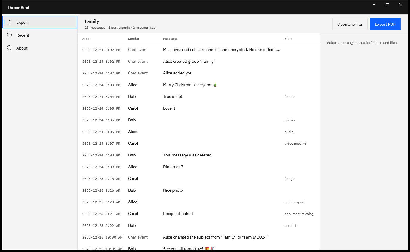 ThreadBind listing a family chat export in a table with Sent, Sender, Message and Files columns, and the toolbar reading 18 messages, 3 participants, 2 missing files.