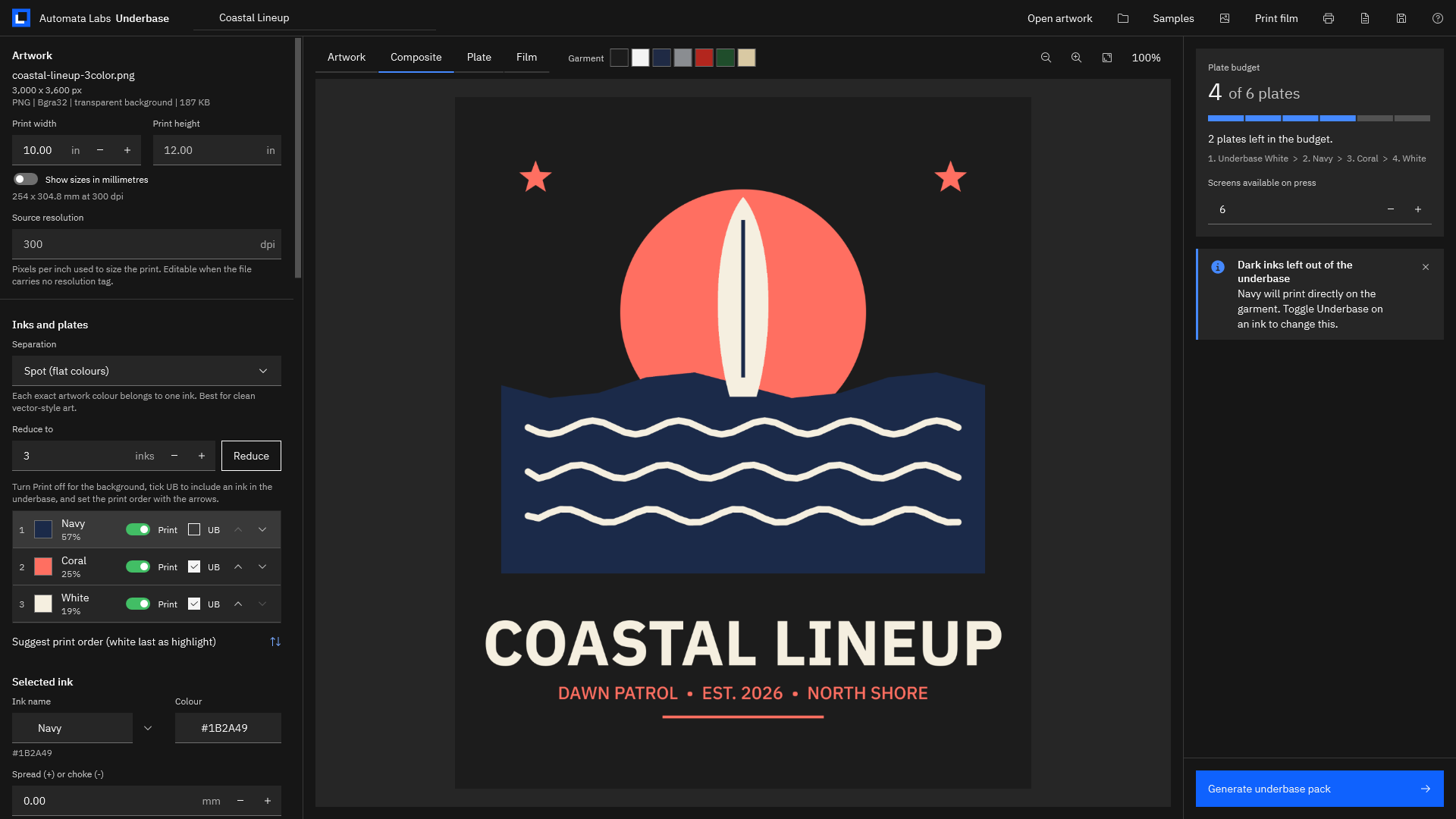 Underbase with a three-color surf logo on a black garment preview, the Navy, Coral, and White inks listed with coverage, Print and UB toggles, and a plate budget of 4 of 6 plates.