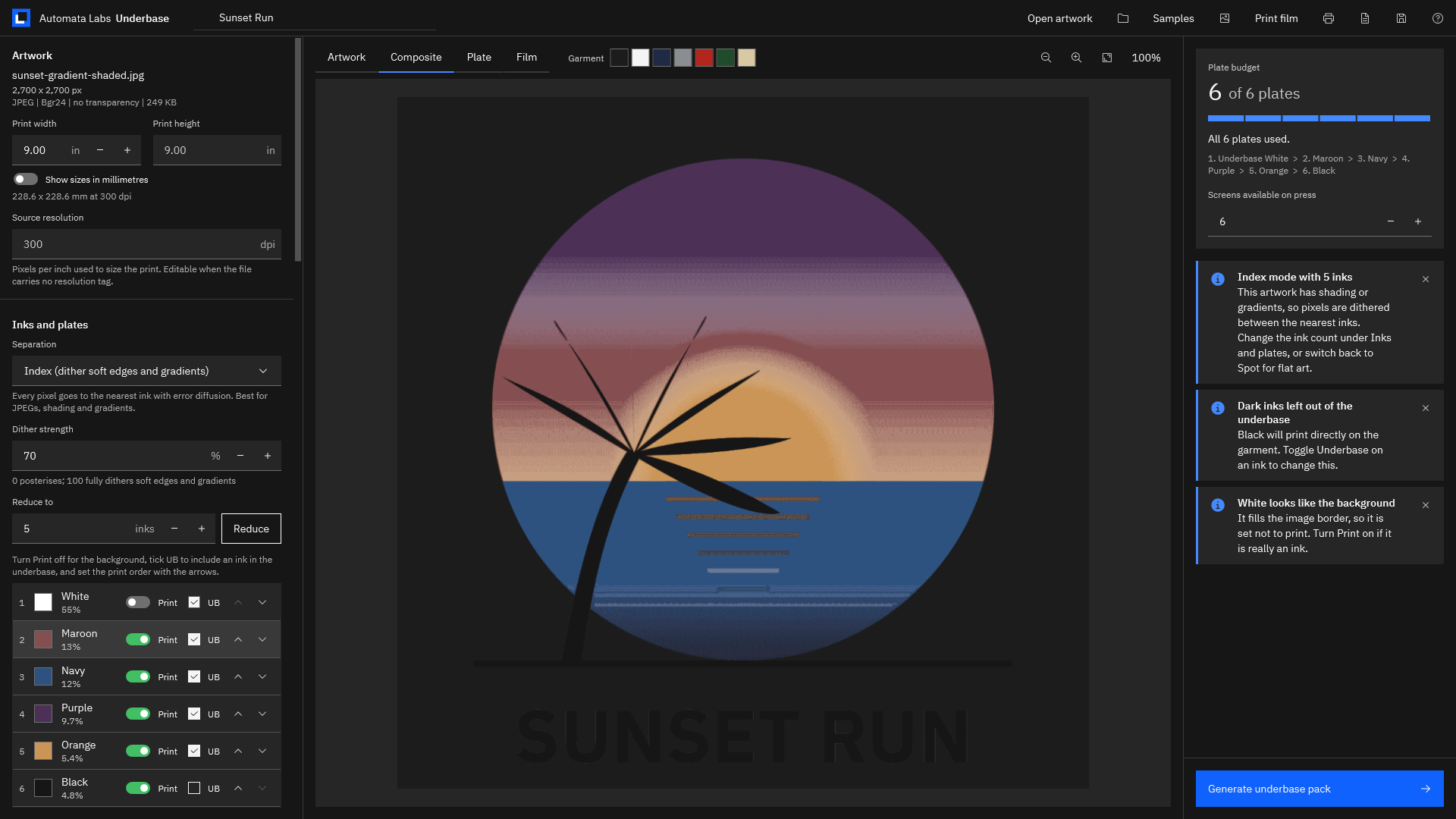 A shaded sunset JPEG separated in index mode with five inks, a dither strength of 70, and a plate budget of 6 of 6 plates.