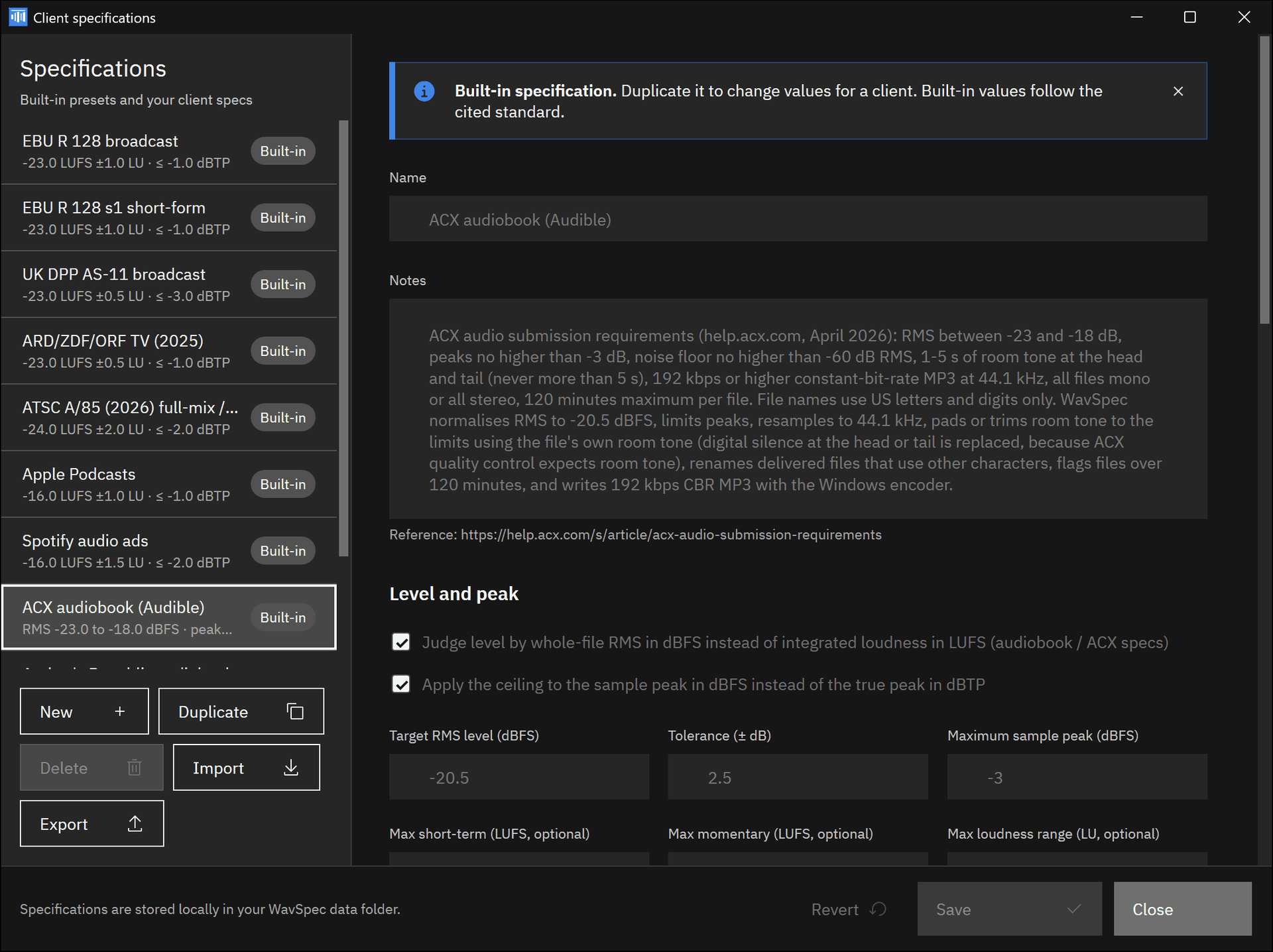 WavSpec Client specifications window listing ten built-in presets, with the ACX audiobook (Audible) preset open showing its cited notes, RMS mode, and sample peak ceiling.